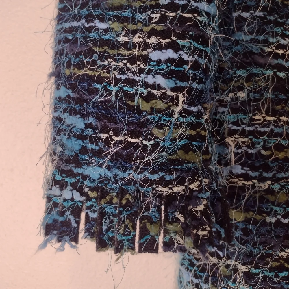 Laura Ashley Y2K Boucle Eyelash Fringe Coat Blue Green Black Stripe Size M